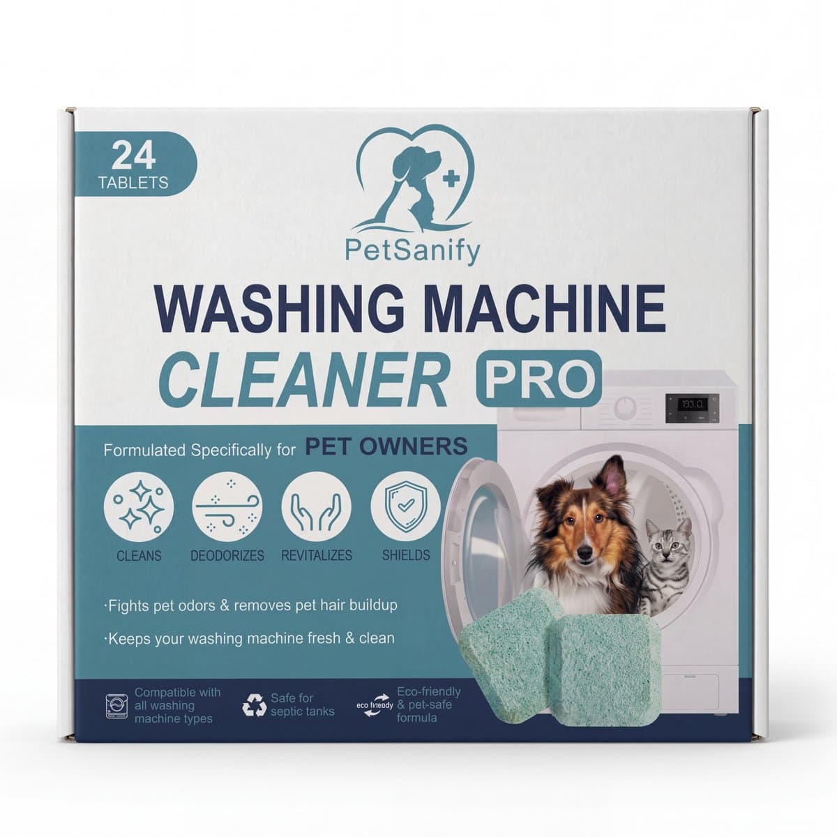 Pet sanify Wasmachine Reinigingstabletten - Verwijdert dierenhaar, bacteriën en geurtjes - Washing Machine Cleaner - 24 tabletten — afbeelding 1