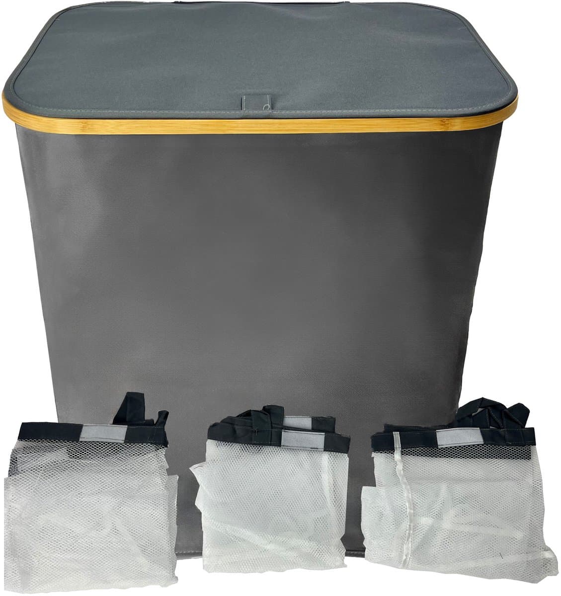 Begryf - Sorteerwasmand - 3 vakken - grijs - bamboe deksel — afbeelding 1