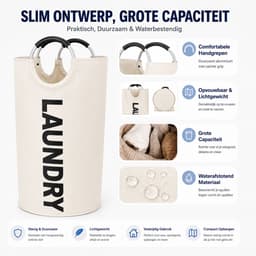 BOTC Wasmand - Waszak - 115L - Laundry basket - Wassorteerder - 43x79 cm - waszak vouwbaar - draagbaar wasbox - Gebroken wit — thumbnail 4