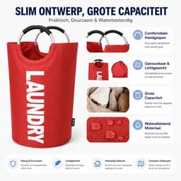 BOTC Wasmand - Waszak - Laundry basket - Wassorteerder - 38x63 cm - waszak vouwbaar - draagbaar wasbox - Rood — thumbnail 3