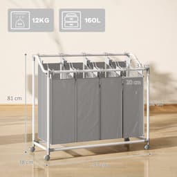 COVREO Wassorteerder 97x38x81 cm - 4 vakken, 160 L, uitneembare waszakken, met wielen, grijs — thumbnail 3
