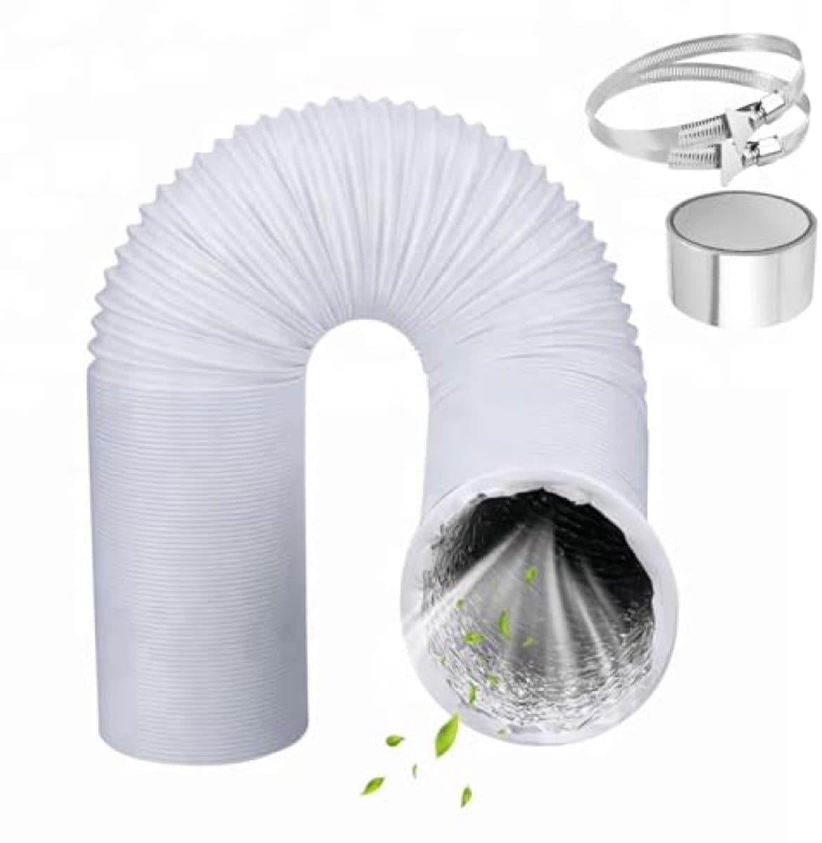 PromoHome Ontluchtingsslang 125 mm - 4,2 m Flexibele Aluminium/PVC Wasdroger Luchtkanaal met 2 Klemmen en 5 m Aluminiumtape - Ventilatieslang voor Airco, Afzuigkap en HVAC - Wit — afbeelding 1