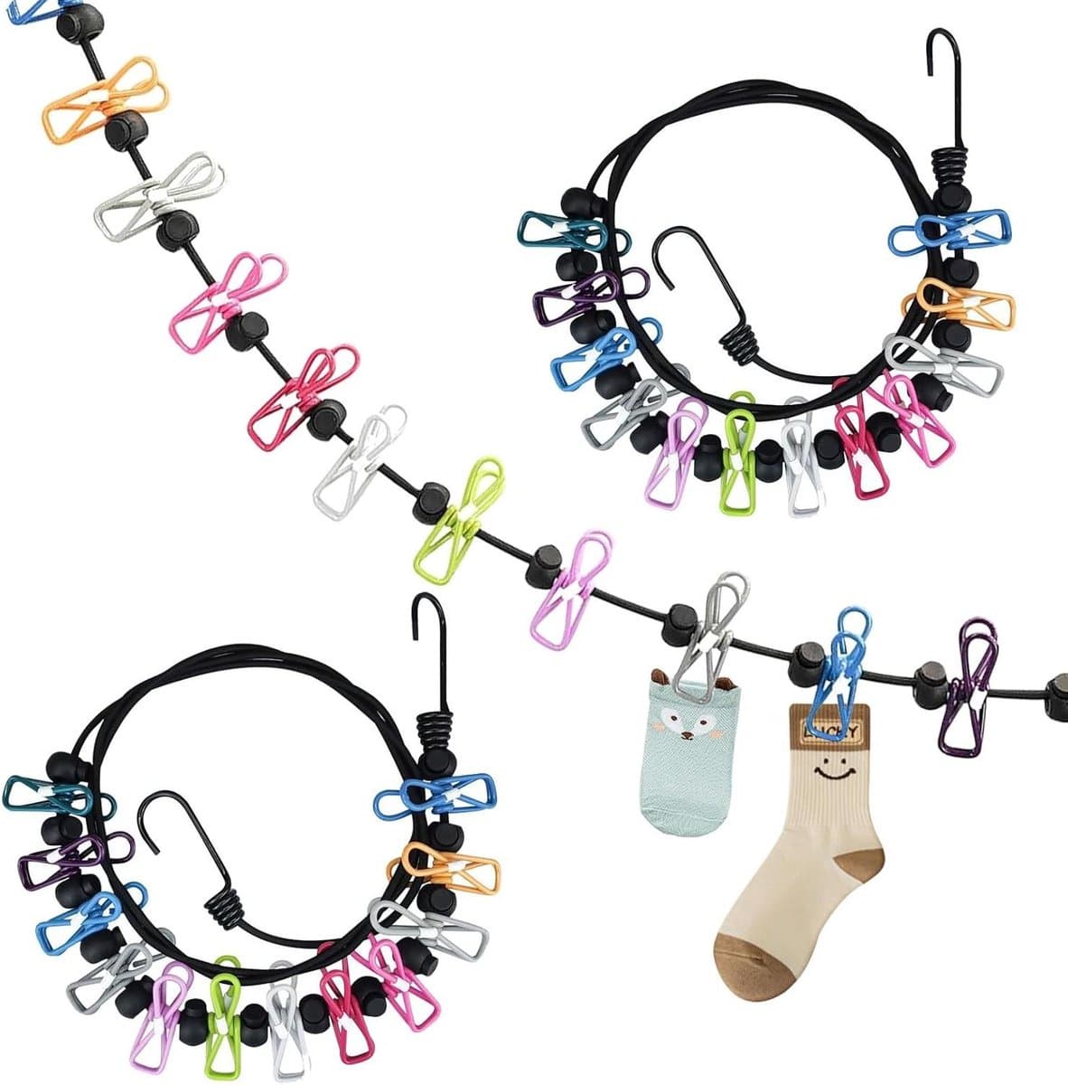 Draagbare Waslijnen - Reis Wasrek - Kleding Drogen - Met 12 Clips - 2 Stuks - Veelkleurig — afbeelding 1