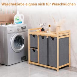 iEGrow Wasmand 3 compartimenten met plank, bamboe wasmand op wielen, 3 x 50 l uittrekbare waszakken, grijze wassorteerder organizer 3 secties wasmand voor slaapkamer badkamer, wasruimte — thumbnail 2