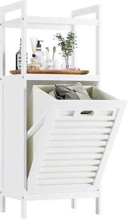 wasmandkast met verwijderbare mand en twee open planken, ruimtebesparende badkamerkast van bamboe, geschikt voor kleding, handdoeken en speelgoed, wit — thumbnail 1