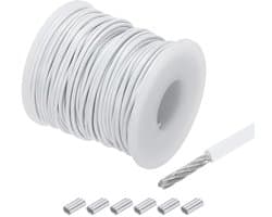 SnelShoppen - 30 meter roestvrijstalen kabel 304 1/16 inch (1,5 mm) vinyl gecoat met 6 aluminium sleeves voor ophangen, waslijn, decoratie, tuin en fe