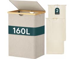 Wasmand met Deksel 160 Liter – Dubbele Wasmand met 2 Vakken – Uitneembare Waszakken – Opvouwbare Wassorteerder met Bamboe Handgrepen – Beige