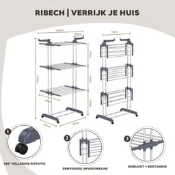 Toren droogrek met wieltjes - 4 laags staand droogrek van roestvrij staal - 6 inklapbare vleugels - Ruimtebesparend kledingrek - 76x50x172 cm - Voor balkon, badkamer en binnengebruik - Grijs — thumbnail 1