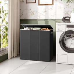 Lìon® Wasmand - 160L - Wasmand 3 Vakken - Wasmand Met Deksel - Zwart - 64cm x 36cm x 70cm — thumbnail 2
