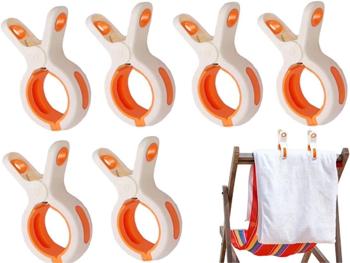 6 stuks - Grote Wasknijper - Quiltclips - Wasknijpers - Grote Knijpers - Handdoek Klemmen - Strandlakenclip voor strandstoel - Winddicht - Voor dagelijks wasgoed, strandhanddoek, badhanddoek, beddengoed en dikke kleding-Wit+Oranje — afbeelding 1