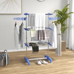 Opvouwbare Wasdroger Toren met Wielen 142x55x152cm Blauw Staal 3 Niveaus Zijvleugels 6 Zwivelwielen met Remmen — thumbnail 5