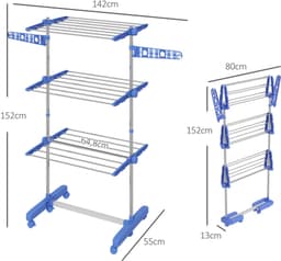 Opvouwbare Wasdroger Toren met Wielen 142x55x152cm Blauw Staal 3 Niveaus Zijvleugels 6 Zwivelwielen met Remmen — thumbnail 1