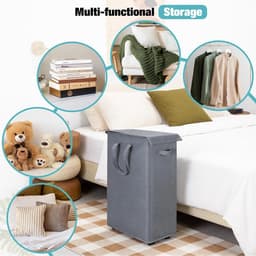wasmand met deksel en wielen 55L - Opvouwbare dunne wasmachine oxford doek opbergmand met lange handgreep, geschikt voor slaapkamer, badkamer, wasruimte (Grijs) — thumbnail 4