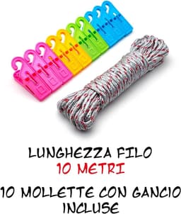 10 m, kleurrijk nylon touw + 10 wasknijpers met haken, duurzaam, voor buiten, binnen, tuin, complete set voor het ophangen van kleding, doeken en beddengoed — thumbnail 5