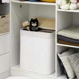 Wasmand met twee vakken Sorteermand 51,5 x 31,5 x 60,5 cm wit 100L grote capaciteit met deksel afneembare katoenen binnenzak en katoenen handgrepen Voor het sorteren van lichte en donkere kleding Geschikt voor wasruimte en slaapkamer — thumbnail 4