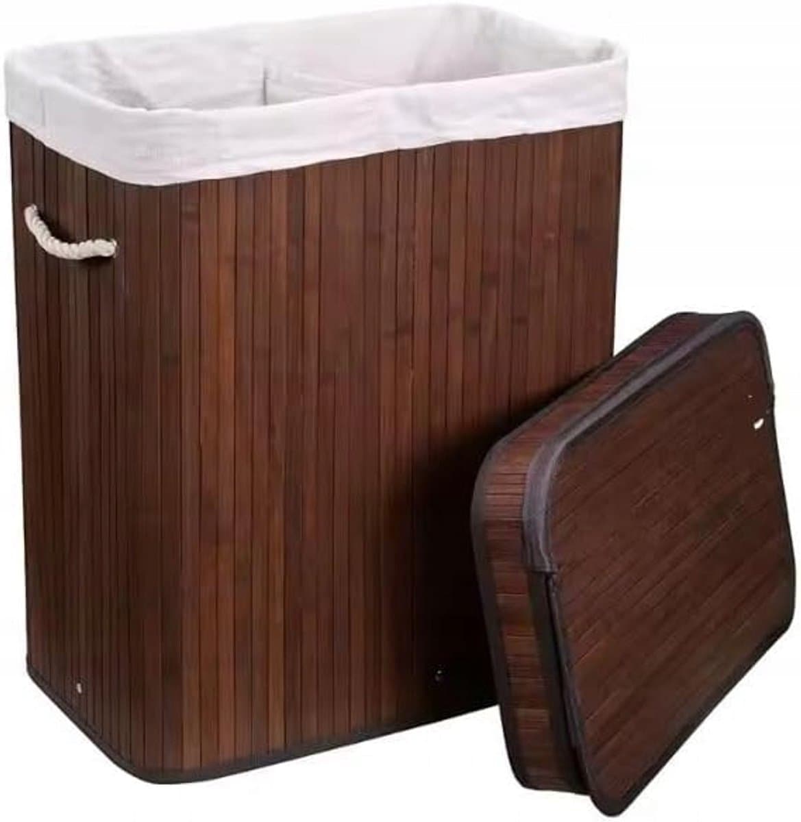 Merkloos Bamboe wasmand met 2 vakken en deksel - 72L — afbeelding 1