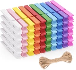 Kleurige Houten Kledingknijpers 7 cm - 50 Stuks Foto Clips met 10 m Jute Touw voor Kinderen, Knutselen en Verjaardagsdecoratie — thumbnail 1