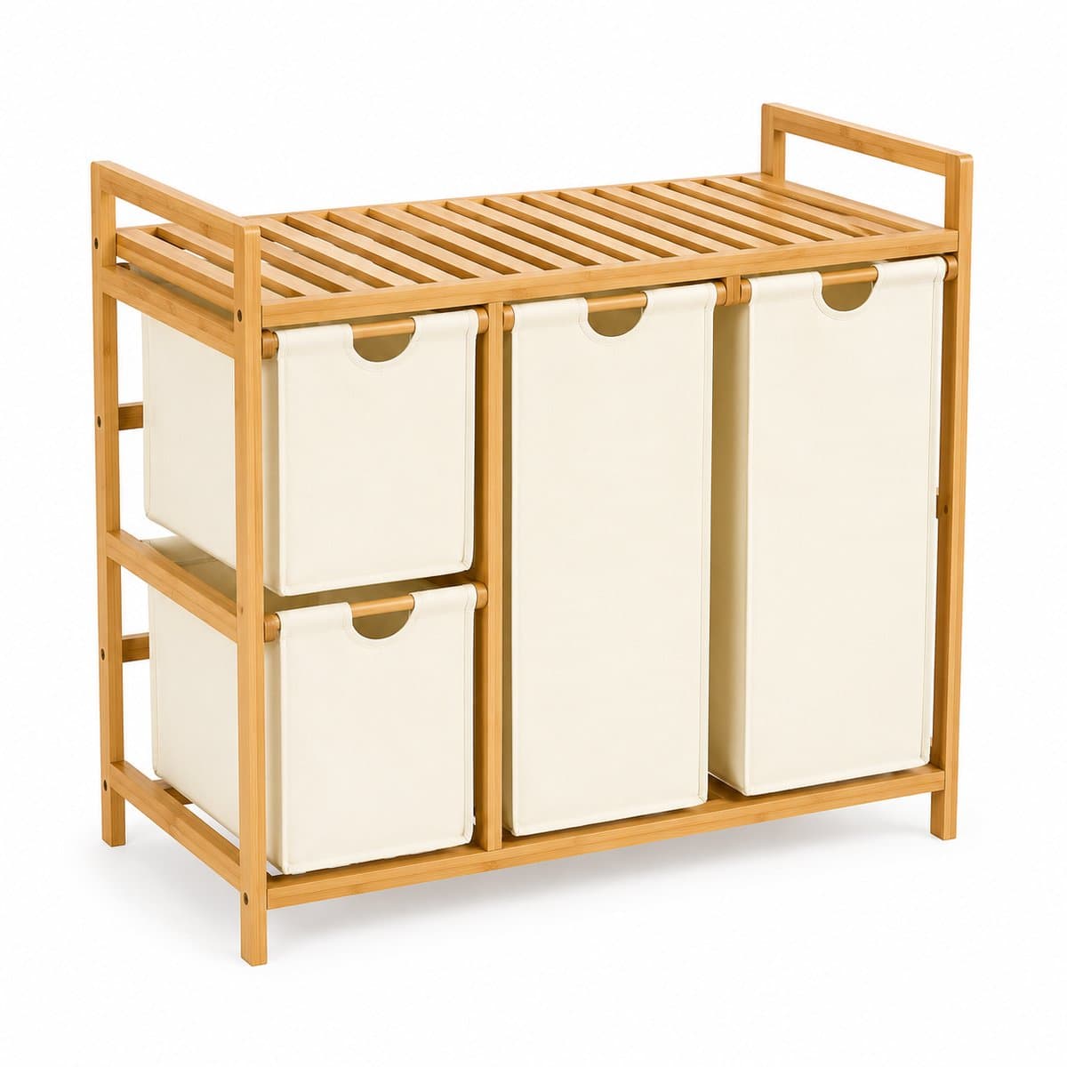 Wasmand en Wassorteerder met 4 Vakken - 150 L - Bamboe Rek met Uittrekbare Waszakken en Legplank - Beige — afbeelding 1