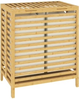 Wasmand 55 x 36 x 64,2 cm houtkleur bamboe, opvouwbare wasmand, dubbele wasmand met deksel, 2 uitneembare binnentassen, bovenplank, ademend raster, compact, stabiel, voor slaapkamer, badkamer — thumbnail 1