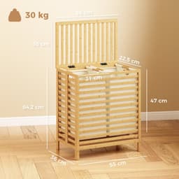 Wasmand 55 x 36 x 64,2 cm houtkleur bamboe, opvouwbare wasmand, dubbele wasmand met deksel, 2 uitneembare binnentassen, bovenplank, ademend raster, compact, stabiel, voor slaapkamer, badkamer — thumbnail 2