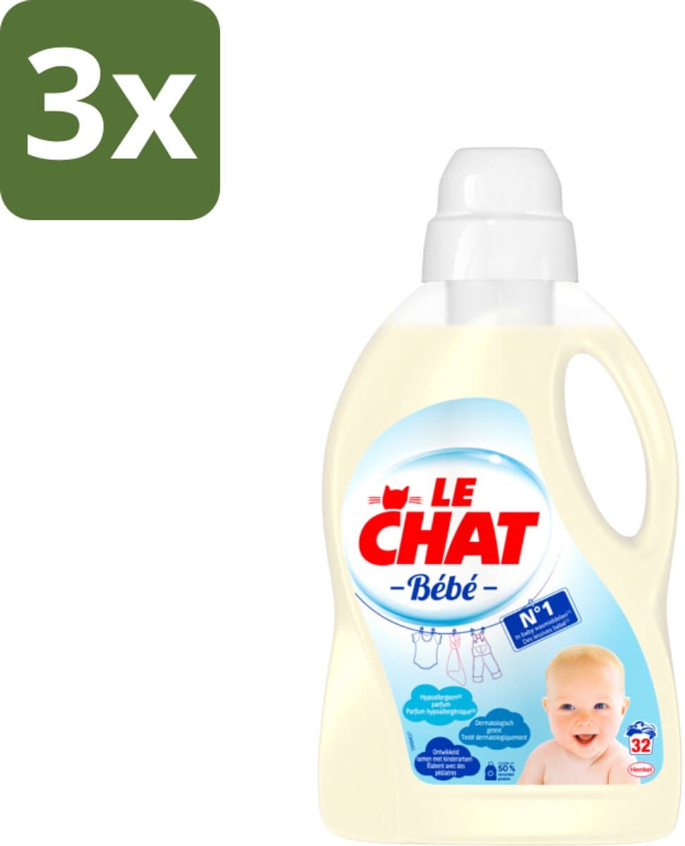 3 x Le Chat Vloeibaar Wasmiddel Bébé 32 Wasbeurten 1440 ml - Wasmiddel Voor Baby - Hypoallergisch Wasmiddel - Wasmiddel Voor Gevoelige Huid - Wasmiddel Voor Kinderen - Wasmiddel Tegen Babyvlekken — afbeelding 1