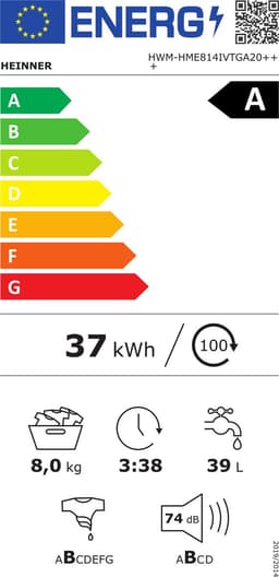 Heinner HWM-HME814IVTGA20+++ Wasmachine – 8 kg – 1400 rpm – Energieklasse A-20% – Inverter Motor – 15 Programma’s – Stoomfunctie – Digitaal Display – Titaniumgrijs – 5 Jaar Garantie — thumbnail 2