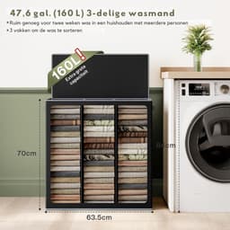 SNJY® Wasmand 3 Vakken - Wassorteerder - Wasbox Kledingmand - 36L x 63,5B x 70H cm - 160L - Zwart — thumbnail 2