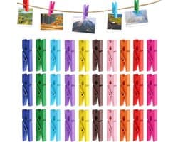 Allround-wasknijperset - Wasknijpers - Houten wasknijpers - Kleurrijk - Jute koord - 100 stuks - 3,5 cm - Foto's - Collages - Kleurrijk model