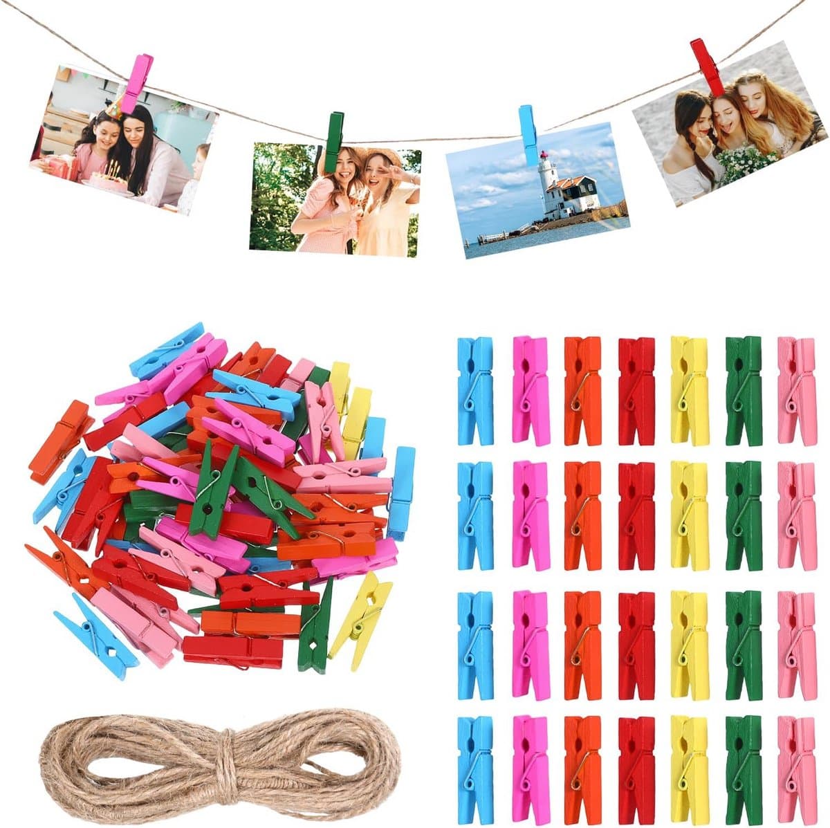 Houten Klemmetjes - Mini Knijpers - Decoratieve Projecten - Inclusief Jute Touw - 150 Stuks - Gekleurd — afbeelding 1