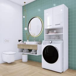 Wasmachine meubel - Badkamerkast - Opbergen wasruimte - Twee kasten - H 180 cm - Wit glanzend — thumbnail 3