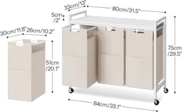 Wasmand 3 vakken, wasverzamelaar met plank, wasmand met wieltjes, 3 x 39,8 l, waszak van Oxford-weefsel, wit — thumbnail 2