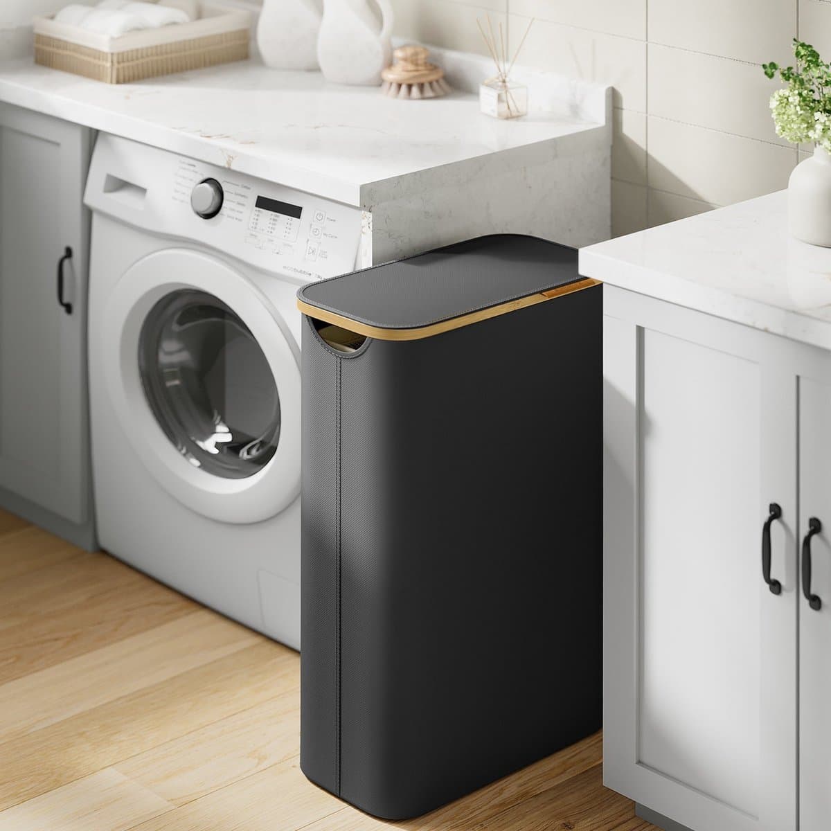 60L wasmand met deksel, wasmanden met handvat en binnenzak, opvouwbare grote wasmand smal, wasmanden, wasmanden voor slaapkamer badkamer (zwart) — afbeelding 1