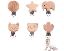 YAPKOLV 6 stuks hoogwaardige beukenhouten klemmen, niet giftig, fopspeenclip, speenclip, babyspeenhanger, natuurlijke houten clip