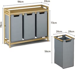 Bealife AP111 Wasmand - Stoffen Sorteermand met 3 vakken van bamboe - 125 liter - Met 3 zakken en opbergzijvak - 78 x 94 x 33 cm (HxBxD) — thumbnail 2