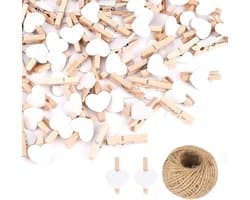 100 Mini Houten Knijpers Hartvorm Wit - Fotohouder & Decoratie met Jute Touw