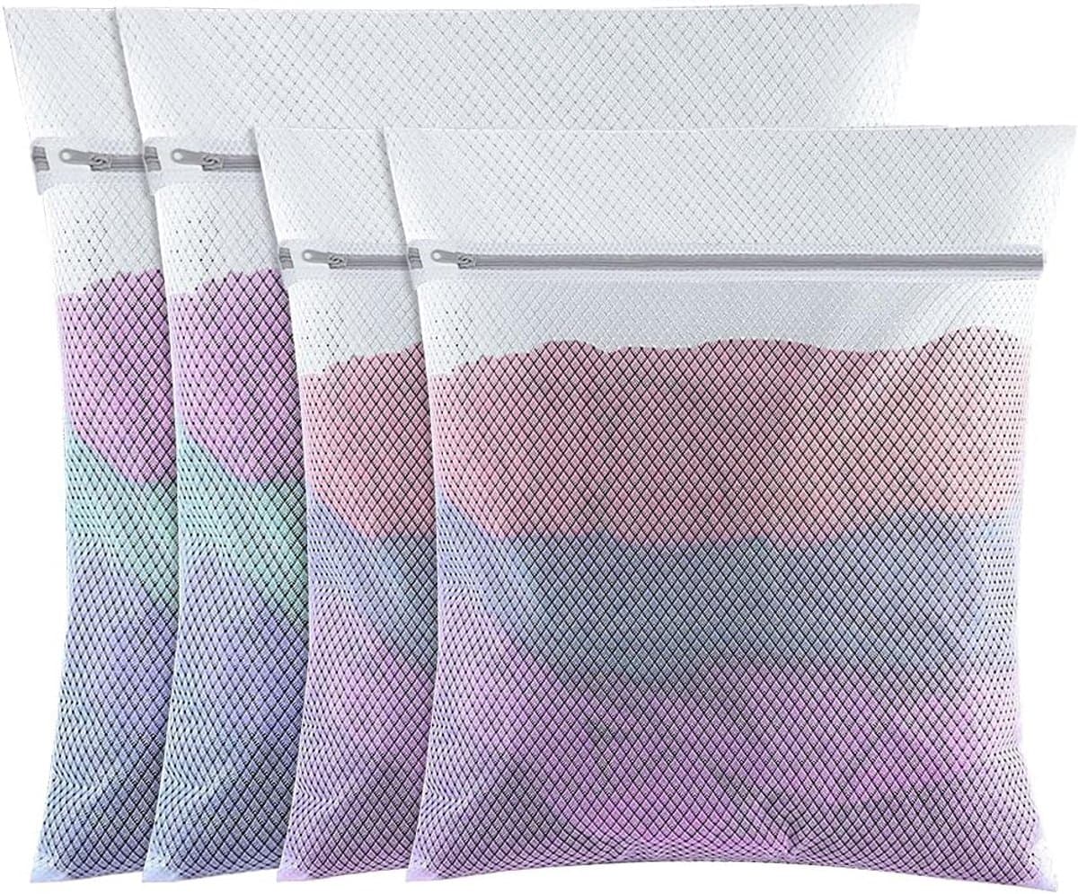 4-delige set - Waszakken van mesh - 60x50cm/50x40cm - Grote, fijne waszakken - Met ritssluiting - Herbruikbaar - Geschikt voor de wasmachine - Voor kleding, sokken, ondergoed - Maat L+M - Wit — afbeelding 1