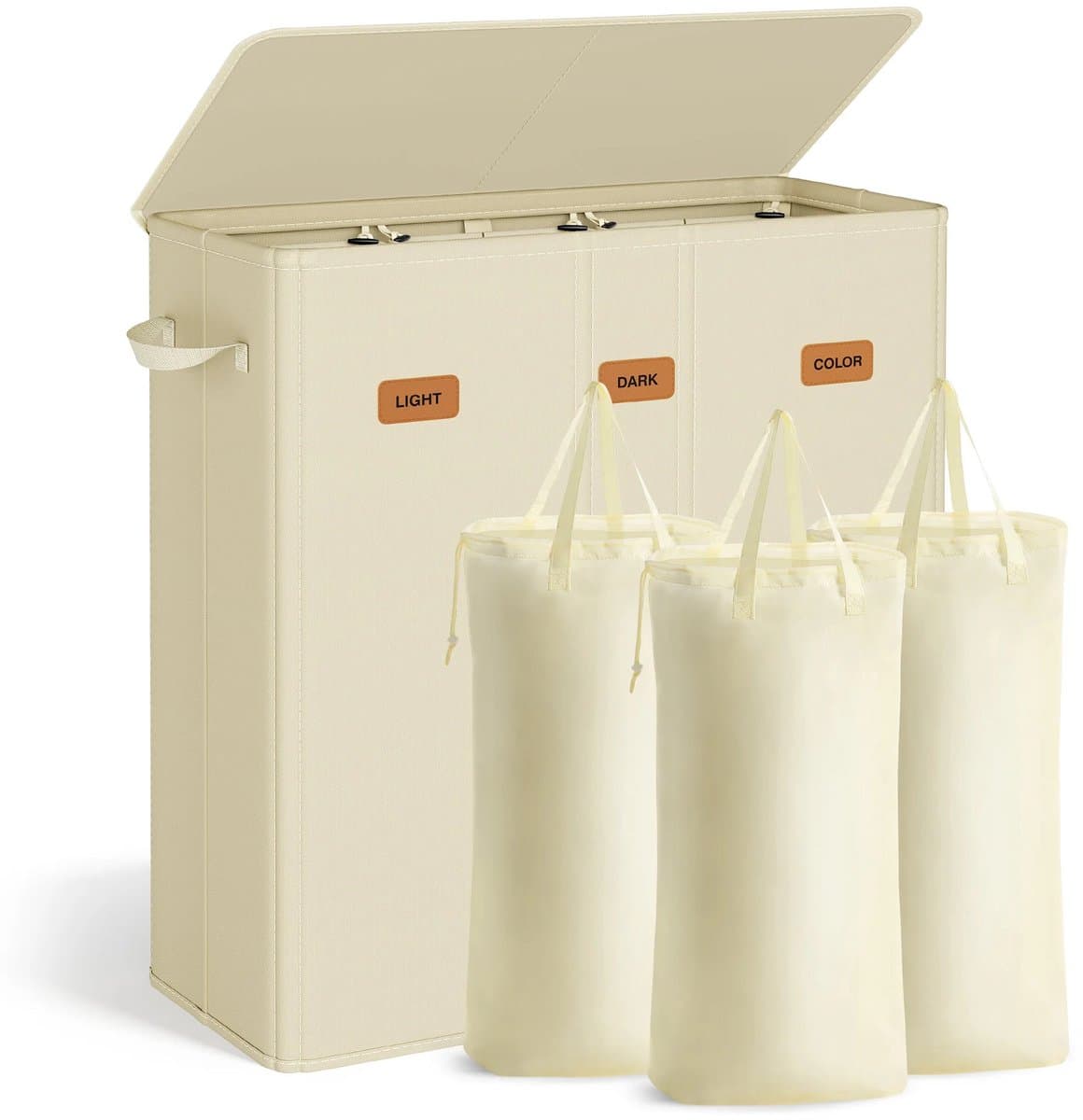 Wasmand met 3 Vakken - 160L - Wassorteerder met Deksel - Uitneembare & Wasbare Binnenzak - Met Labels voor Gemakkelijk Sorteren - Wit — afbeelding 1