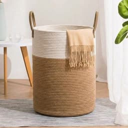 Wasmand/opbergmand van textieltouw, kinderwasmand, opbergmand met katoenen touwgreep, geschikt voor het opbergen van dekens, kleding en speelgoed, en is geschikt voor slaapkamers en wasruimtes,Stijl 16,Diameter 38 * Hoogte 50cm — thumbnail 1