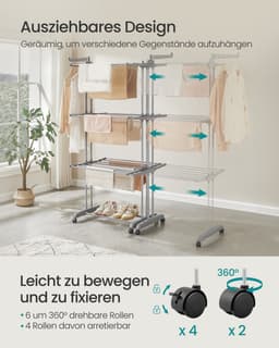 Wasdroger – 4-laags – Op wielen – Inklapbaar – Duifgrijs – Voor binnen- en buitengebruik – 63,5 x 128 x 173 cm — thumbnail 3