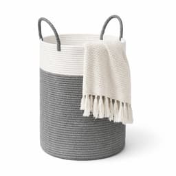 Wasmand van gevlochten katoenen touw met handgrepen, grote opbergmand voor speelgoed in de kinderkamer, dekens in de woonkamer, D 35 x H 50 cm, wit en grijs — thumbnail 1