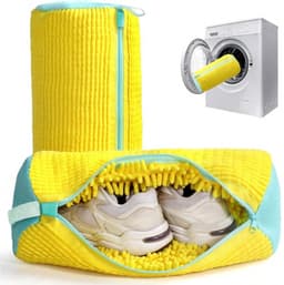 S&E 2-pack Wasmachine Schoenenzakken – Gevoerd met Zacht Fleece – Geel met Blauwe Rits — thumbnail 1