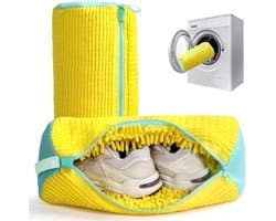 S&E 2-pack Wasmachine Schoenenzakken – Gevoerd met Zacht Fleece – Geel met Blauwe Rits