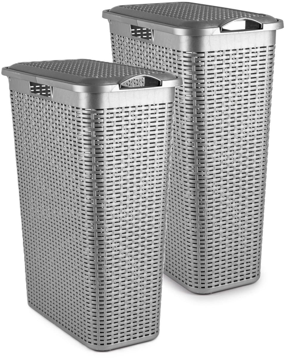 Plasticforte Smalle Wasmand met deksel Rotan - 2x - zilvergrijs - gevlochten kunststof - 48 liter - 27 x 46 x 60 cm — afbeelding 1