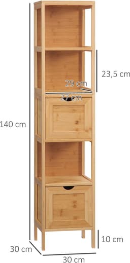 Kleankin badkamerkast hoge kast van bamboe met 3 planken en 2 lades - anti-kantelvoorziening - multifunctionele zijkast voor de badkamer — thumbnail 5