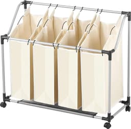 Opvouwbare wasmand met 4 vakken - handgrepen en wielen - wassorteerder met afneembare zakken - 96 x 39 x 82 cm — thumbnail 1