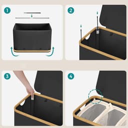 Wasmand, wasgoedmand, sorteermand 60 x 38,5 x 70,5 cm zwart, grote capaciteit van 150 l, 3 vakken voor sorteren en opbergen, met handvatten, deksel en uitneembare mesh binnenzak, opvouwbaar en ruimtebesparend, voor slaapkamer, badkamer en wasruimte — thumbnail 4