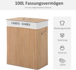 MEUNIQ Wasmand 100L met deksel 52 x 32 x 63 cm, bamboe wasbox met uitneembare canvas waszak, 2 vakken voor wassortering, handgrepen en ventilatiegaten, naturel — thumbnail 5