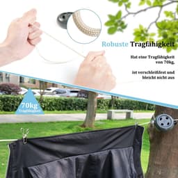 Waslijn uittrekbaar, waslijn camping, draagbaar, 10 m, reizen, vakantie, outdoor, wasrek voor badkamer, bijkeuken, tuin of reizen (zwart) — thumbnail 4
