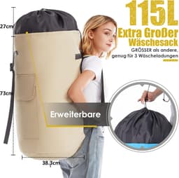 Thijox - Waszak XXL 115 liter - Opvouwbare waszak voor op reis - Kledingtas met 2 gevoerde schouderbanden - Beige - Ideaal voor vakantie, camping en t — thumbnail 5