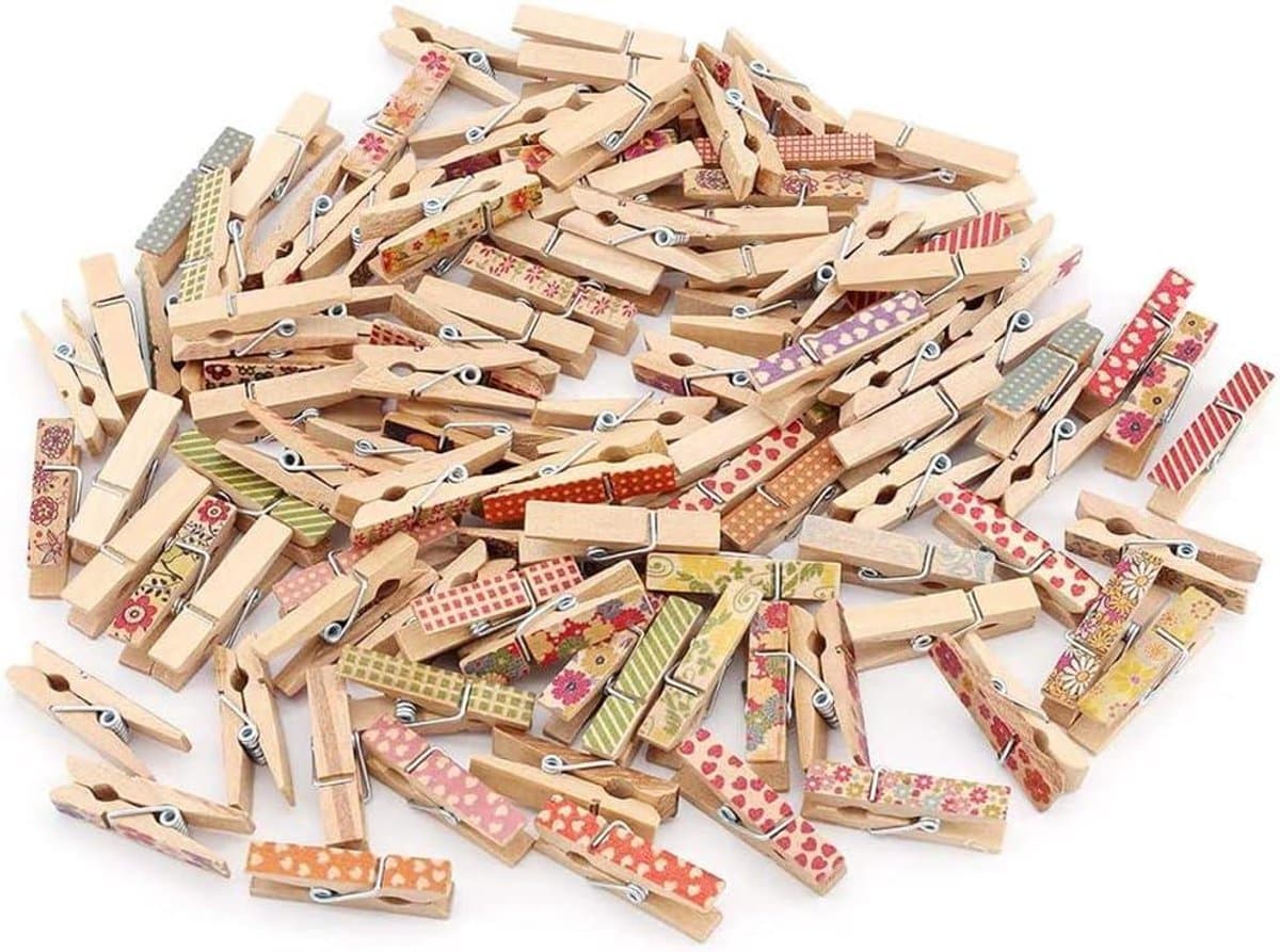 Houten Knijpers - Decoratieve Clips - Ambachten en Decoratie - Gekleurd Bloemenontwerp - 100 Stuks - Multicolor — afbeelding 1